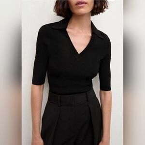 Veronica Beard Emily Ribbed Polo Top Black NEW Size S